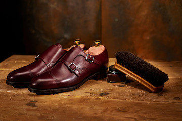 Still life with men's leather shoes and accessories for shoes ca