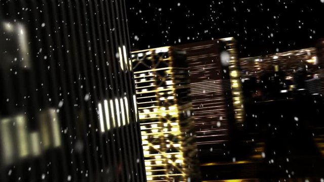 3D city animation at snowy night time