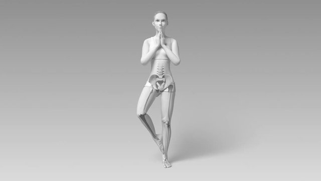 Tree Pose Of Stretching Young Female With Visible Skeleton