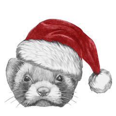 Portrait of Least Weasel with Santa Hat. Hand drawn illustration.