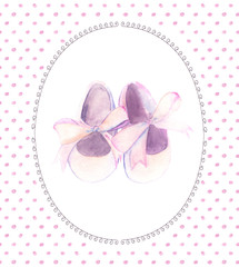Watercolor pink shoes with bow for a little girl. Hand-painted baby shower card