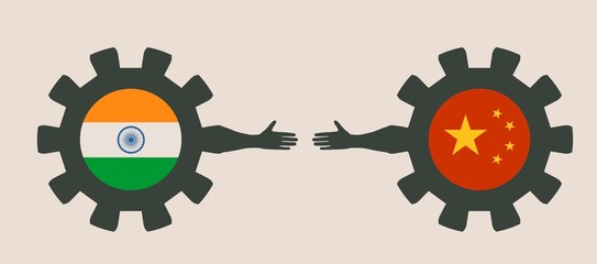 Web Banner, Header Layout Template. Politic and economic relationship between India and China. National flags on cog wheels.