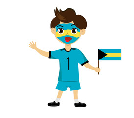 Fan of Bahamas national football team, sports. Boy with flag in the colors of the state command with sports paraphernalia.