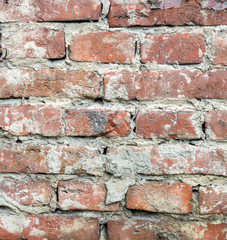 Fototapeta premium Red uneven brick wall backgroundold. Closeup square.