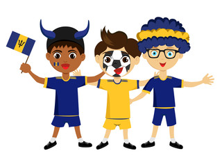 Fan of Barbados national football team, sports. Boy with flag in the colors of the state command with sports paraphernalia.