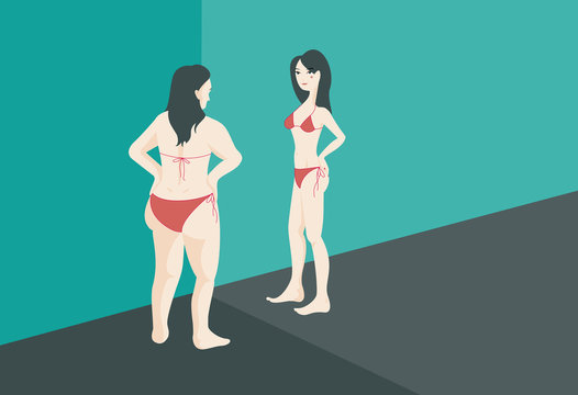 Swim suit fitting: a fat girl looking at the mirror and seeing her reflection as a thin figure. Vector illustration on green and grey background.