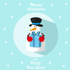 Holiday symbol. Icon cute snowman. Hat and gloves. Circle on blue background. Snowflakes. Design element for decoration poster, banner, flyer, greeting card. Cartoon style. Vector illustration