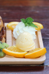 Honey toast : French toast , fresh fruit and ice cream with caramel sauce.