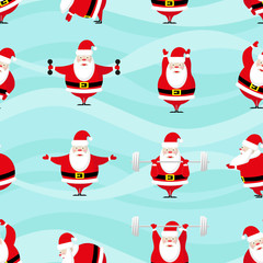 Seamless Happy New Year and Merry Christmas background. Funny and cute sportsman Santa Claus does morning exercises in different poses. Cartoon style. Vector illustration