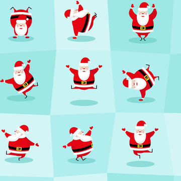 Seamless Happy New Year and Merry Christmas background. Dancing funny Santa Claus in different poses. Concept design for wallpaper, wrapping paper. Cartoon style. Vector illustration