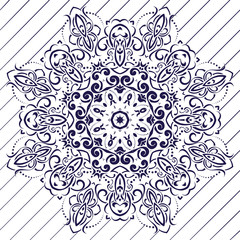 The motif of the mandala flower pattern drawn by the pen. blue and white. Mandala tribal pattern. Ethnic, fabric, motifs. Vector, abstract mandala flower. Decorative elements for design. EPS 10