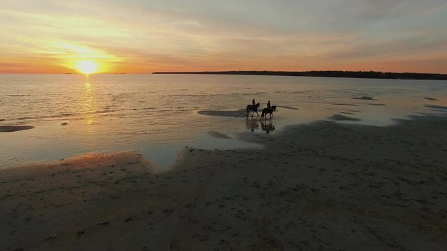 Aerial Shot of Two Girls Riding Horses on the Beach. Horses Walk on Water.