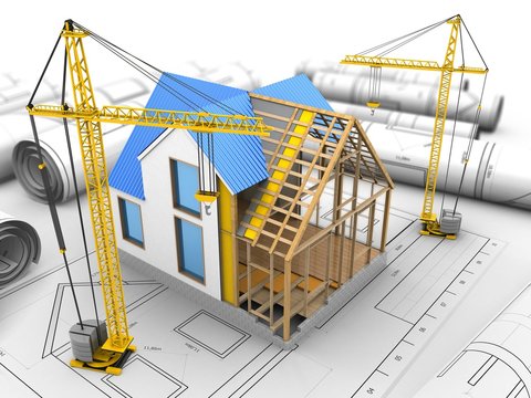 3d illustration of house construction over drawings background with crane