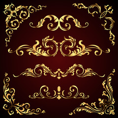 Victorian vector set of golden ornate page decor elements like banners, frames, dividers, ornaments and patterns on dark background. Gold calligraphic swirls