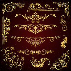 Floral vector set of golden ornate page decor elements like banners, frames, dividers, ornaments and patterns on dark background. Gold calligraphic swirls