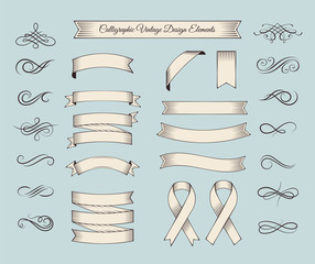 Ribbon vintage banners and filigree swirls set. Invitation Collection. Hand drawn design element.