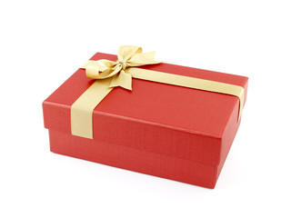 red gift box with yellow gold ribbon bow isolated on white background, rectangle cardboard box wrap...
