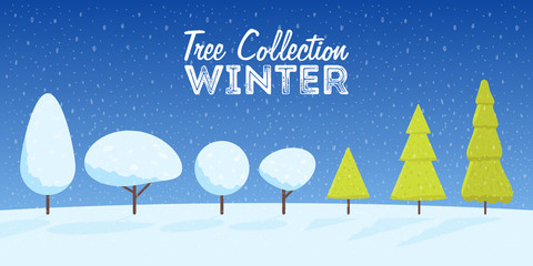 Collection of winter and Christmas snowy trees cartoon style. Vector illustration