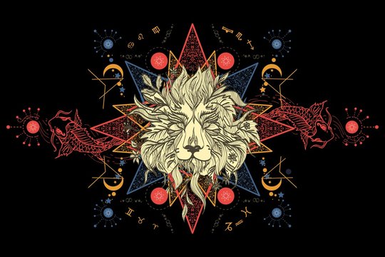 Lion and carps tattoo art, mystical geometric alchemy symbol