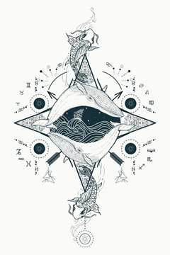 Two whales in sea wind rose compass mystical tattoo vector