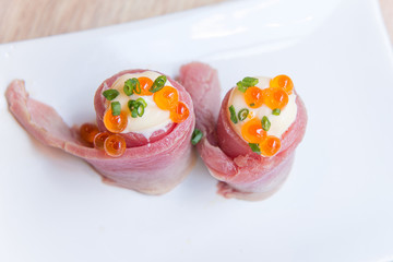 Salmon Sushi with caviar on top, Japanese food.