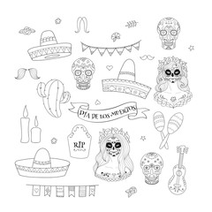 Collection of doodle hand drawn vector elements for Dia de los Muertos (Mexican Day of the Dead)