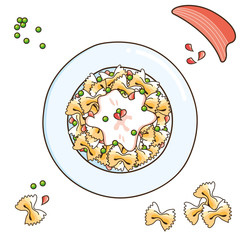 Salmon and green pea pasta. Italian cream sauce and typical pasta with the ingredients: peas, sour cream, salmon a white dish. Vector image, isolated on white background, top view.