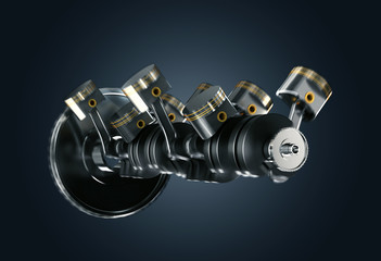 3d illustration of engine. Motor parts as crankshaft, pistons in motion.