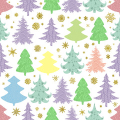 Seamless Christmas vector pattern with colorful fir-trees and sn