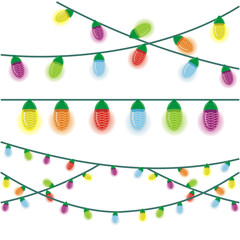 Multicolored Christmas lights illustrated on a white background.