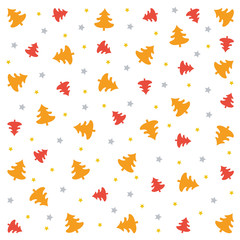 Christmas pattern: red and orange trees, yellow and silver stars on white background. Vector Image, isolated