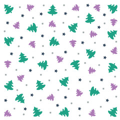 Christmas pattern: green and violet trees, blue and silver stars on white background. Vector Image, isolated