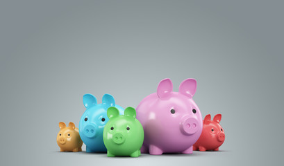 Many multicolored piggy banks on a gray background. 3d render il