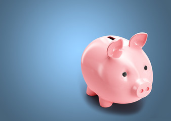 Pink piggy bank isolated on blue background. 3d render illustrat
