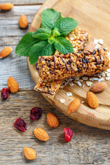 Homemade muesli bars and a sprig of mint.