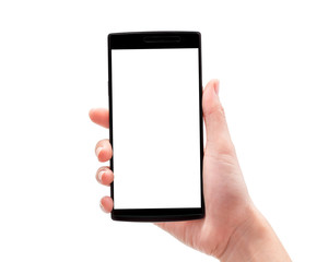 woman hand holding phone isolated on white background