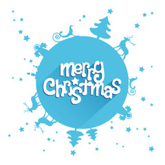 Christmas landscape raised on the earth, around a Merry Christmas lettering wish: world wide celebration, global happiness, universal holidays concept. Vector illustration, flat design, long shadow.