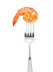 Cooked shrimp on fork isolated on white background © amenic181