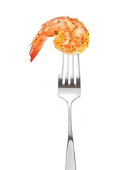 Poster Cooked shrimp on fork isolated on white background © amenic181