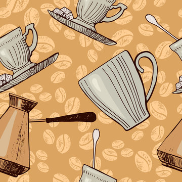 Coffee beans, traditional coffee turkish pot, cups and coffee pot. Seamless vector pattern.