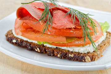 Open-faced smoked salmon sandwich