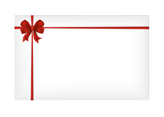 Gift card tied with a red ribbon with a beautiful bow. Vector. 