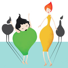 Pear girl and apple girl: two fruit-like women, with the projection of their fruit shadow, an apple and a pear. Vector image.