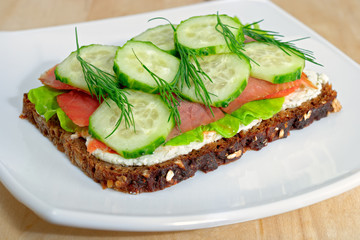 Open-faced smoked salmon sandwich