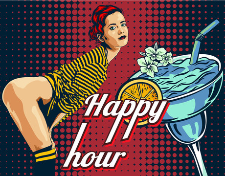 Beautiful woman with text "happy hour" and cocktail