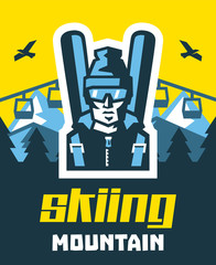 Skiing mountain. Logo skier in glasses, hat, backpack, skis. Against the backdrop of the mountains, forests, winter landscape. Eagle in the sky. Lift up the hill. Vector illustration