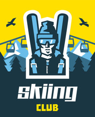 Skiing club. Logo skier in glasses, hat, backpack, skis. Against the backdrop of the mountains, forests, winter landscape. Eagle in the sky. Lift up the hill. Vector illustration