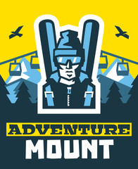 Adventure mount. Logo skier in glasses, hat, backpack, skis. Against the backdrop of the mountains, forests, winter landscape. Eagle in the sky. Lift up the hill. Vector illustration