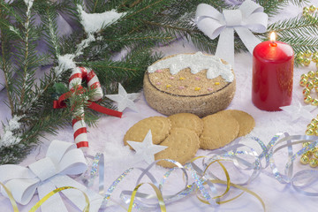 Christmas card with Christmas tree and decorations. Festive Christmas card