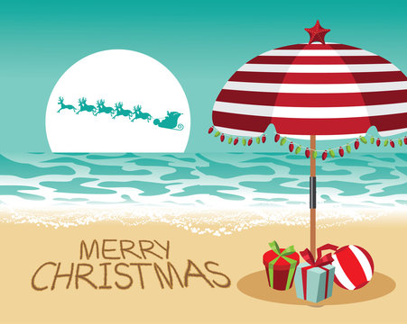 Merry Christmas in a warm climate design. Santa Claus delivers gifts over a Beach umbrella with Christmas lights and Christmas gifts. EPS 10 vector.